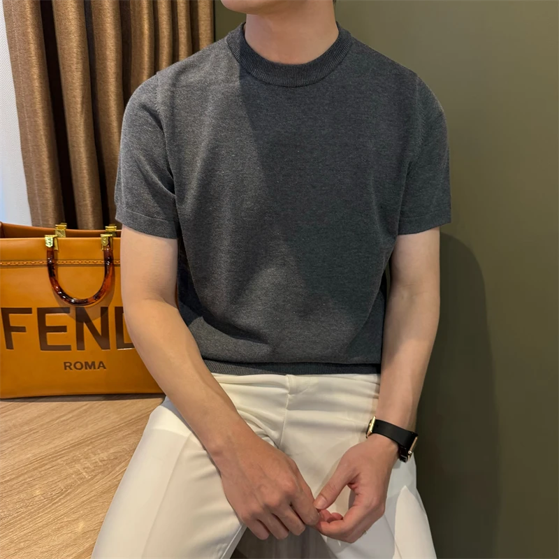 施摩瓦戈夏圆领透气免烫修身男针织t套头式轻奢简约纯色通勤体恤