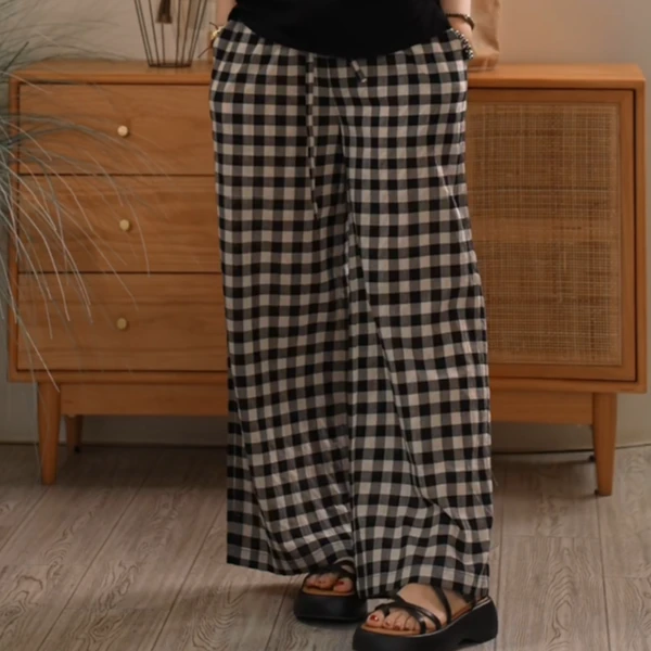 X【叭哒不惑】城南旧事下 棉夏季抽绳松紧格子裤阔腿裤外穿休闲裤