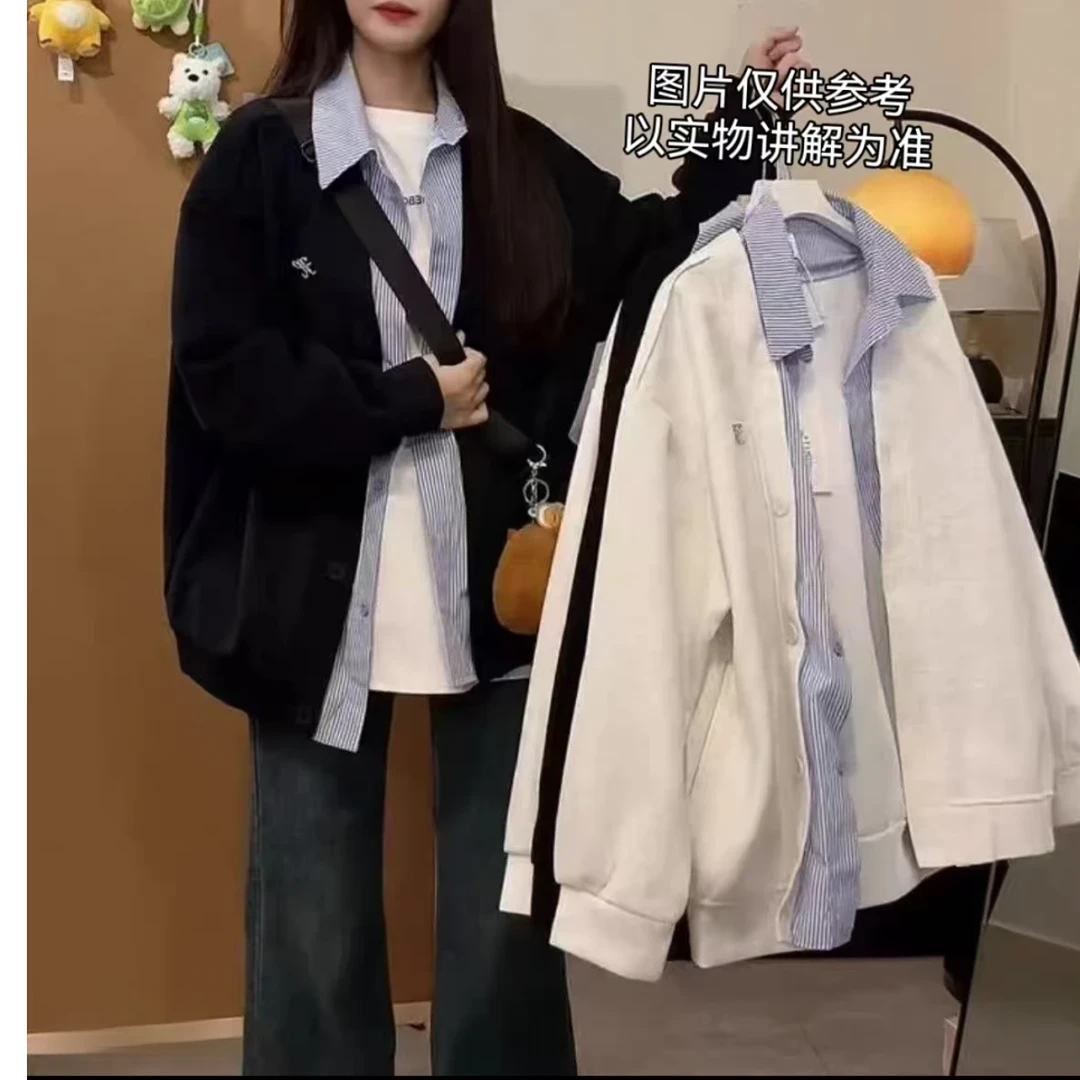 2025春季新款微胖女装衬衫拼接假两件卫衣开衫复古宽松外套