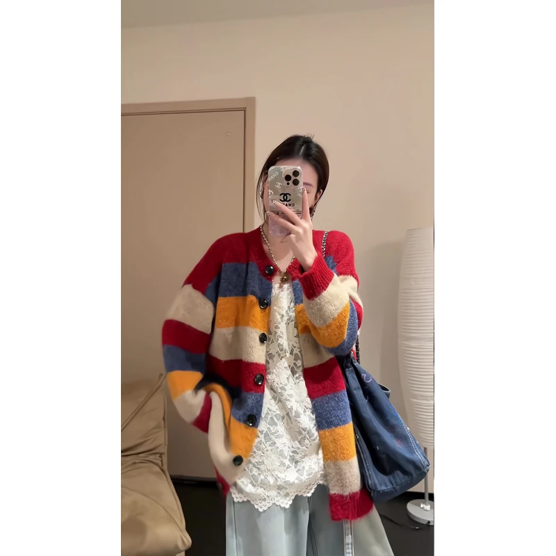 条纹针织开衫毛衣日系宽松慵懒风外套腰带弯刀牛仔裤阔腿拖地裤女