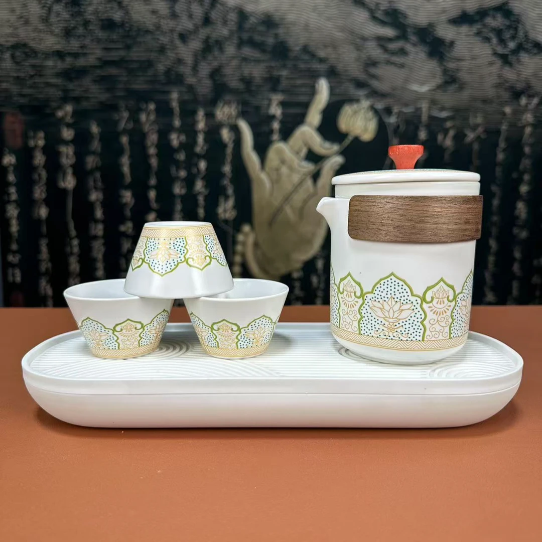 KZH0047-宝相花旅行茶具+密胺白色小茶盘户外过滤简约便携式中式