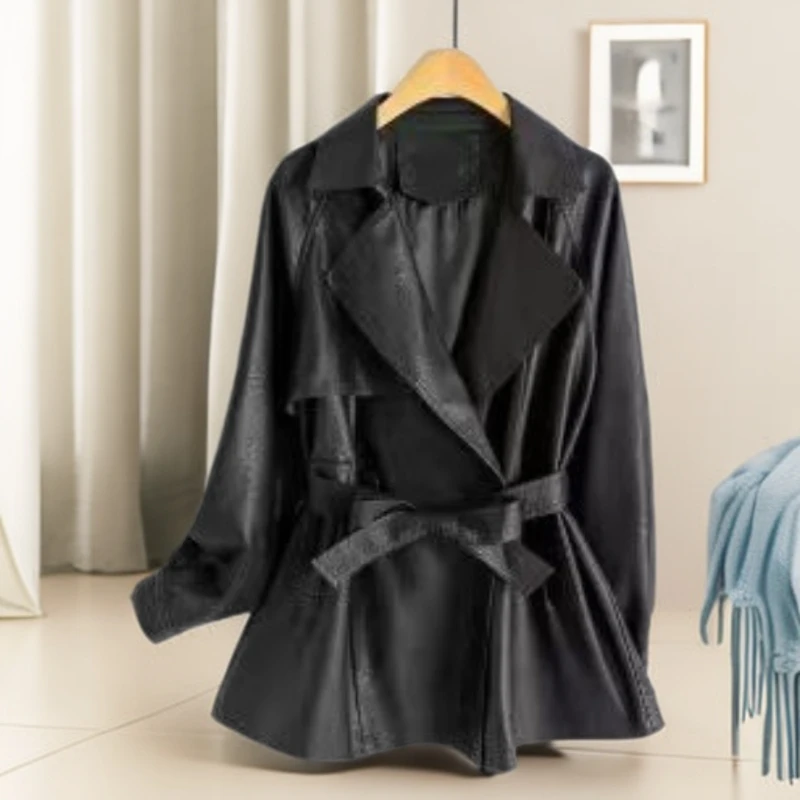 【小妹轻奢女装】秋冬极简风蛋白皮中长款显瘦收腰系带皮衣XM2505