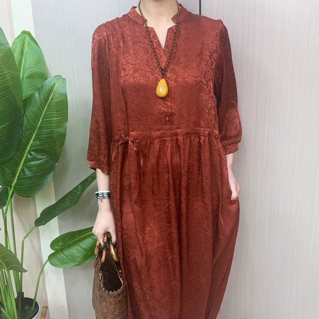 红色提花新款高档连衣裙法式碎花妈妈装中长款中长裙