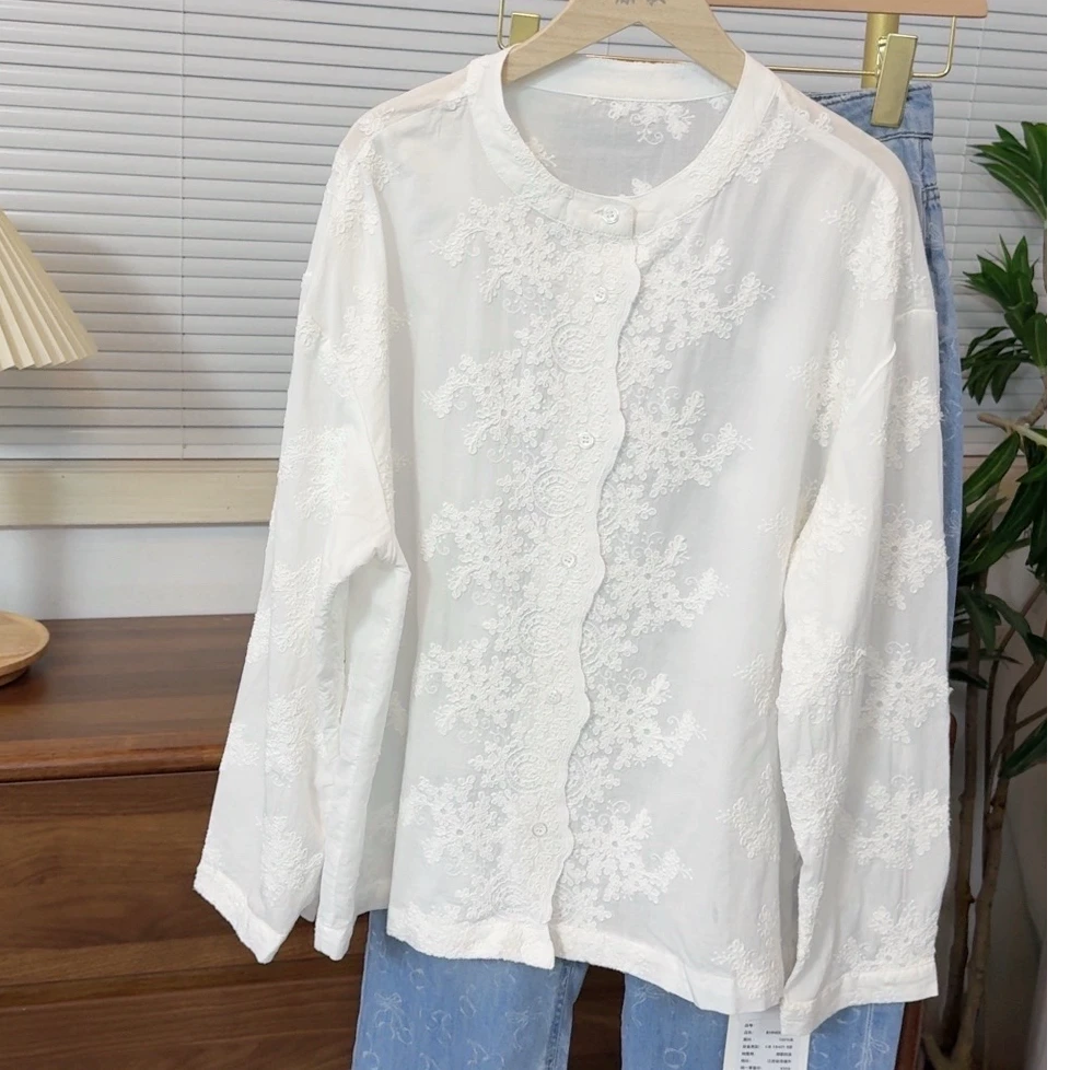【原歌2】夏季新款全棉高雅绣花宽松气质立领衬衫女YG688