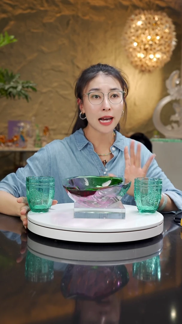 琉璃手工艺品凌****?福利金红绿切面果碗带浅绿水杯一对