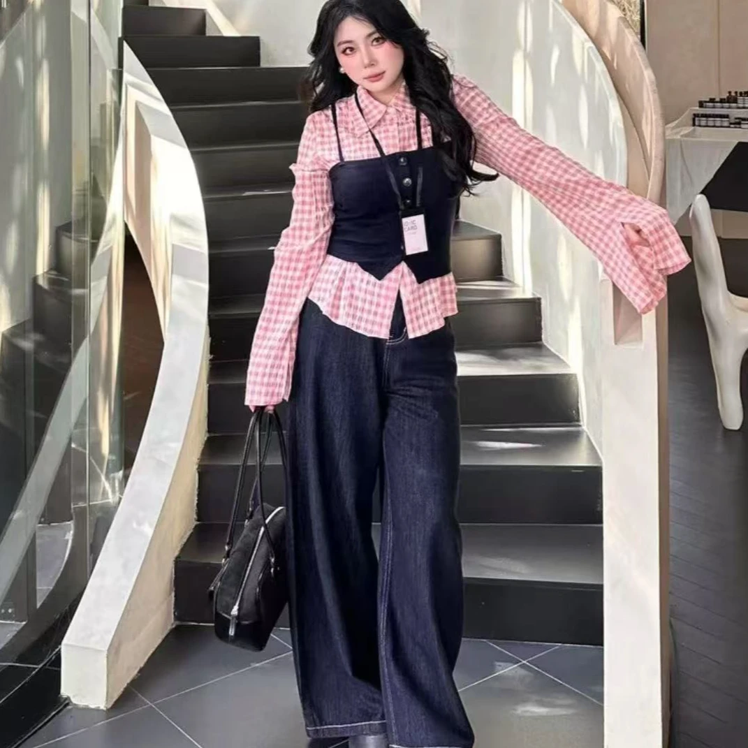 春季新款甜美风格子显瘦衬衫吊带外衣套装