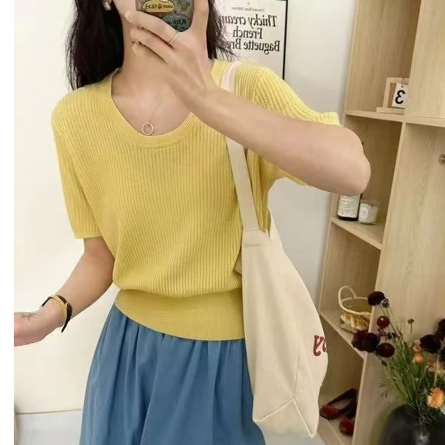 夏款圆领韩系下摆收口针织衫