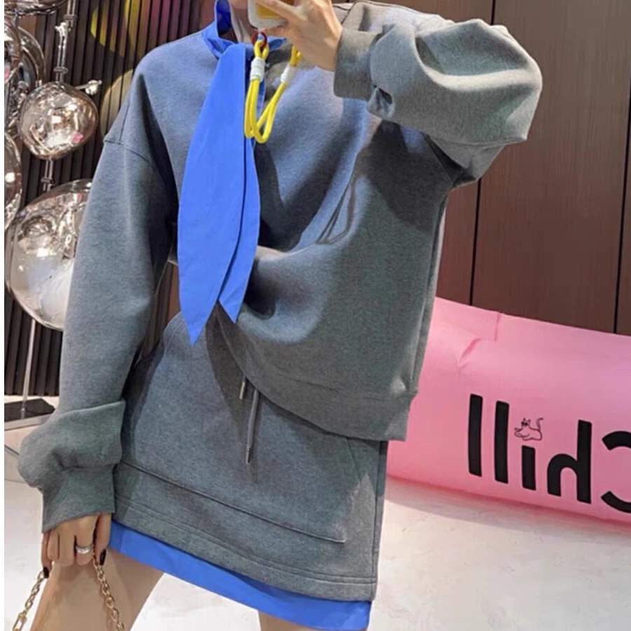 【拽姐】韩版两件套裙2025新款撞色拼接领结蝴蝶结卫衣+短裙加绒厚