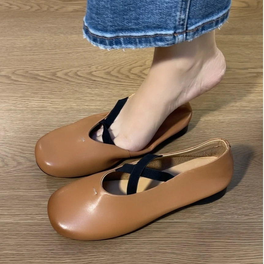 复古单鞋新款平底舒适百搭套脚浅口头层牛皮浅口交叉松紧带单鞋女