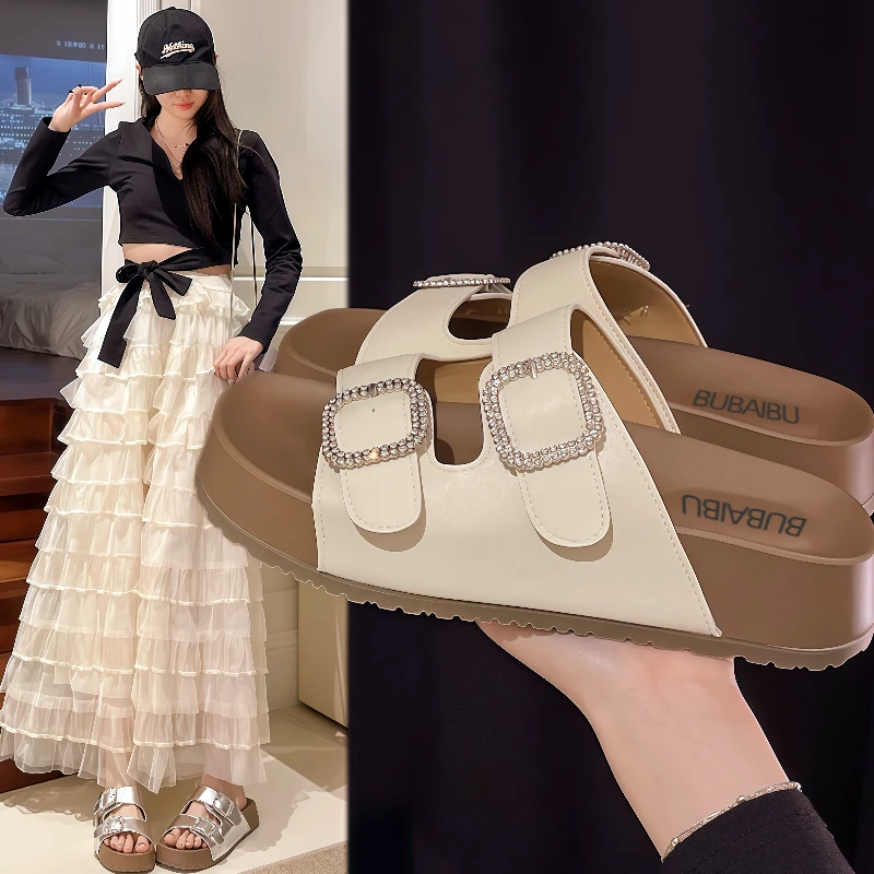 2025年夏季韩版爆款8832双钻扣外穿百搭舒适休闲时尚厚底拖鞋女