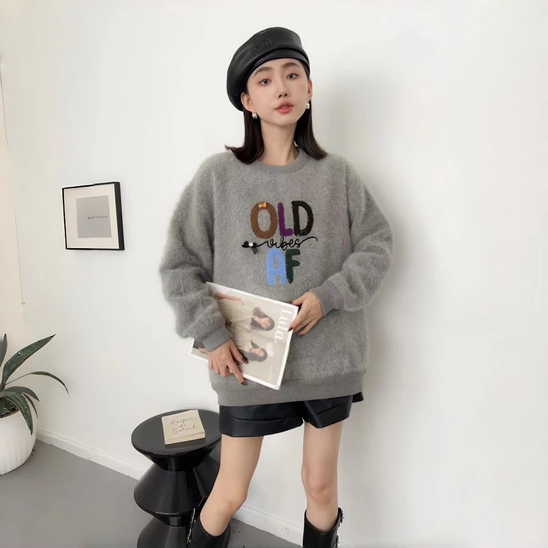 针织女毛针织衫字母美式兔毛加内衬毛衣慵懒风宽松秋冬时尚套头