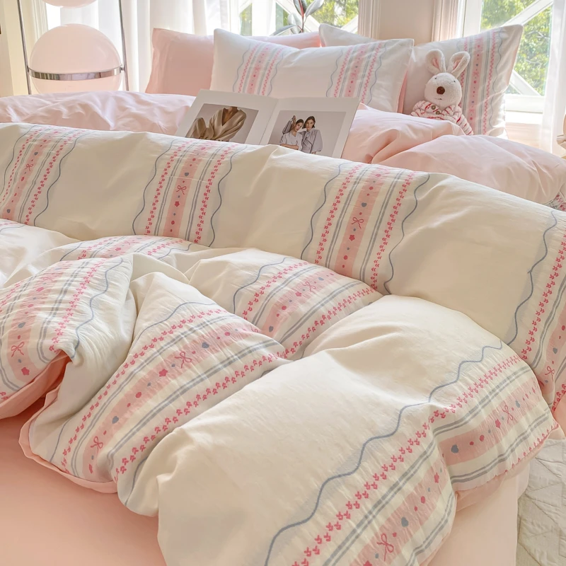 2025新款全棉纯棉色织提花四件套被套床单/床笠简约清新床上用品