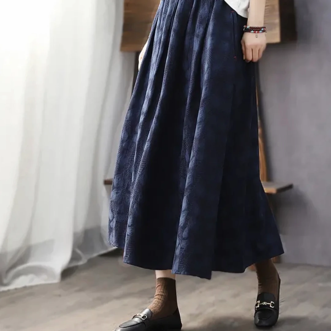 Q003国风复古文艺高腰新款显瘦中长款羽毛提花半身裙宽松中式气质