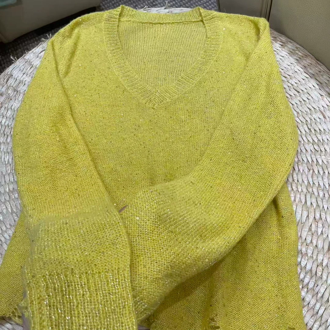 【AA1844闪沙黄色毛衣】2025上衣毛线衫女秋冬外搭慵懒风毛衣