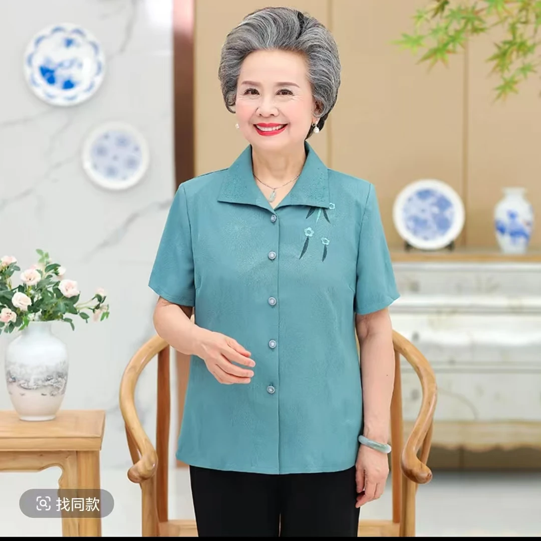 中老年人女装夏装套装奶奶装长袖衬衫妈妈衬衣春秋薄外套老人衣服