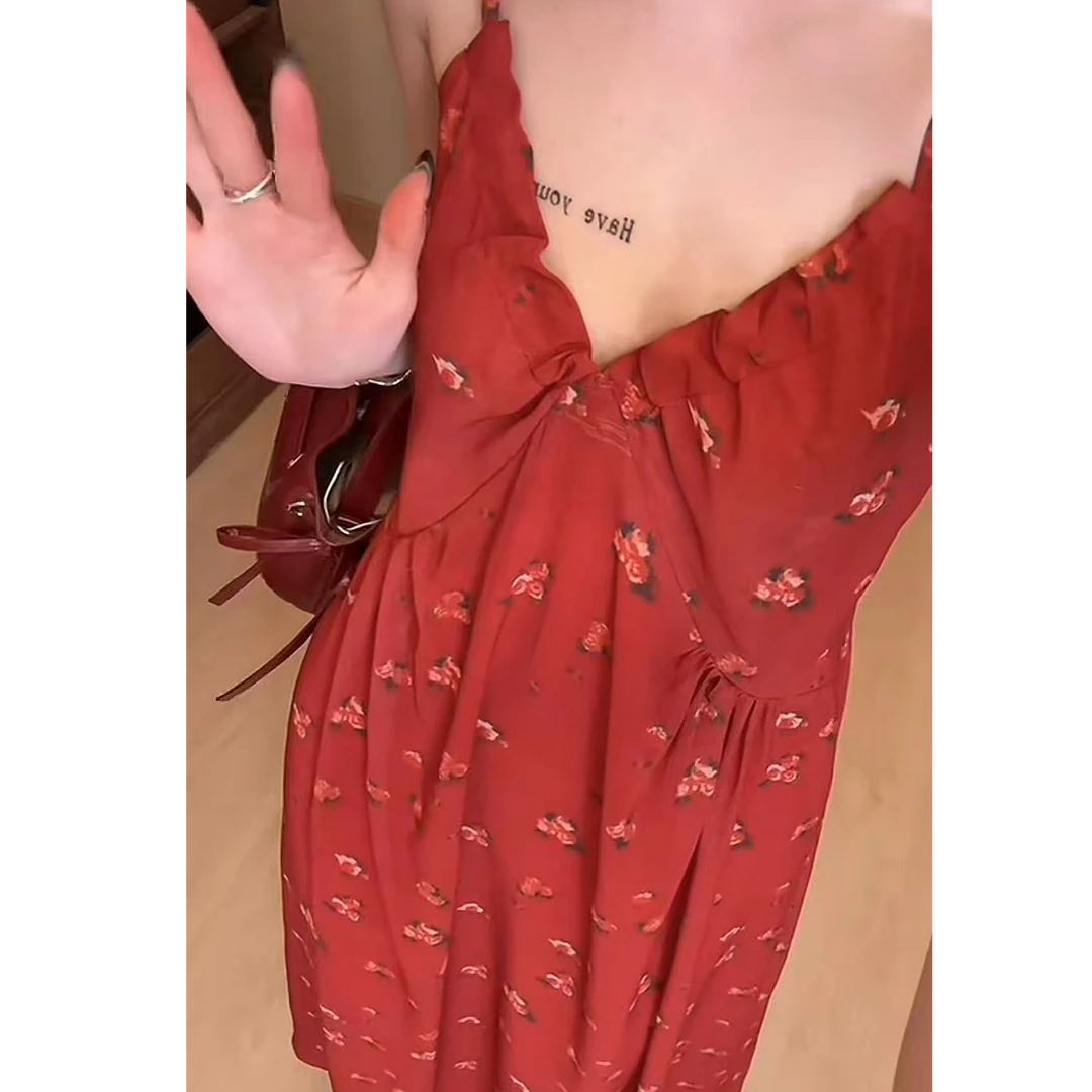 2025夏日上新浪漫山野玫瑰吊带裙