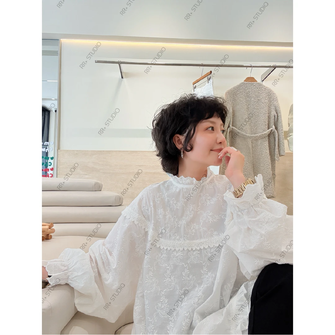 23033森系甜美可爱花边领套头上衣女气质假两件娃娃装