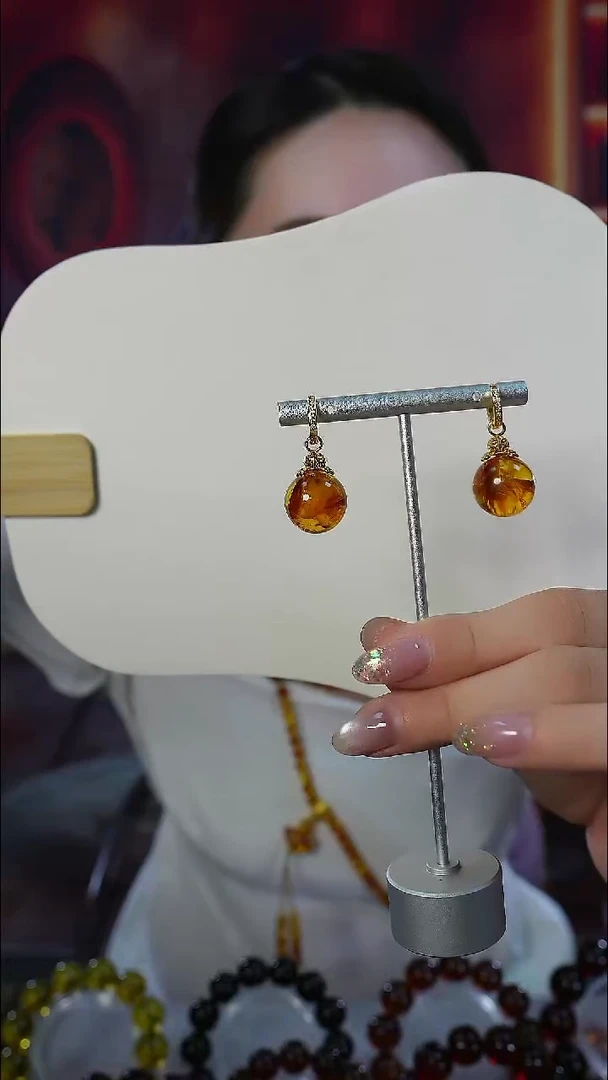 琥珀银S925镶嵌耳饰20mm+花珀耳环耳扣款