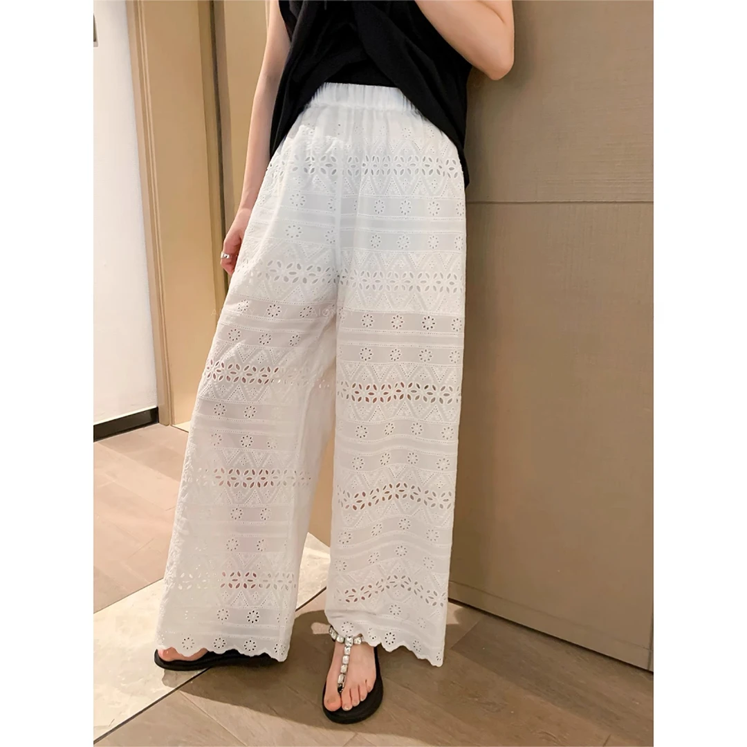 蕾丝勾花镂空直筒裤2025夏季新款梨型身材高腰显瘦宽松阔腿休闲裤