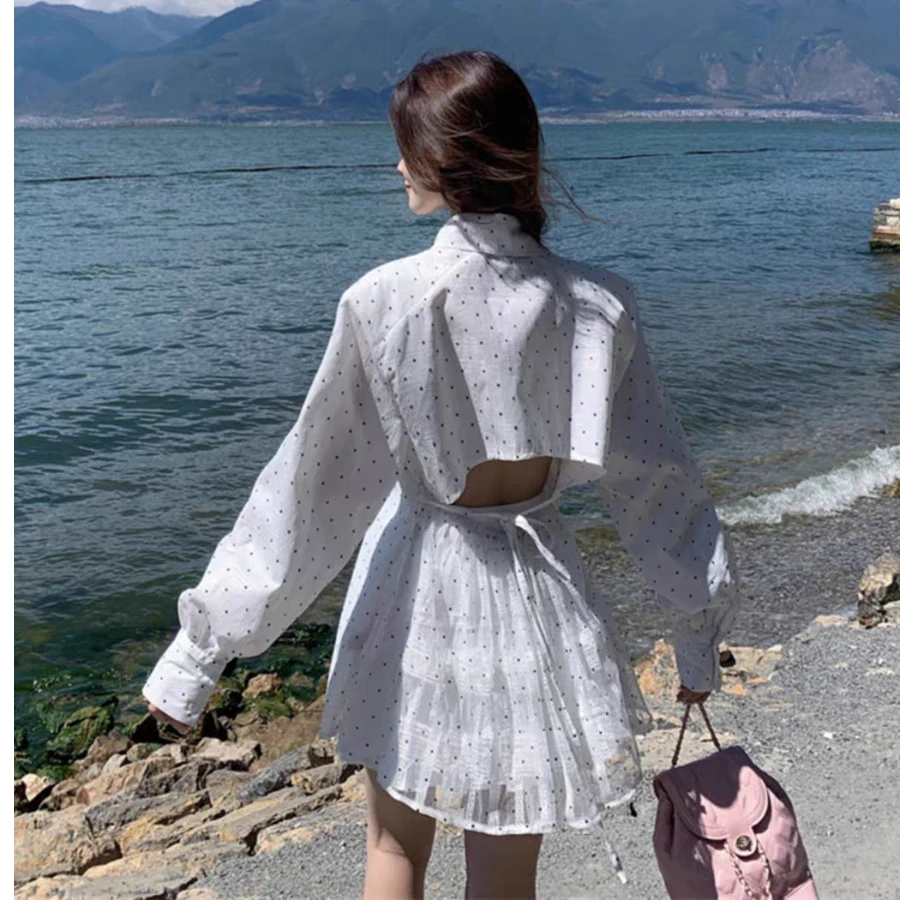 法式露背波点长袖衬衫女2025春季新款设计感小众蕾丝拼接上衣9679