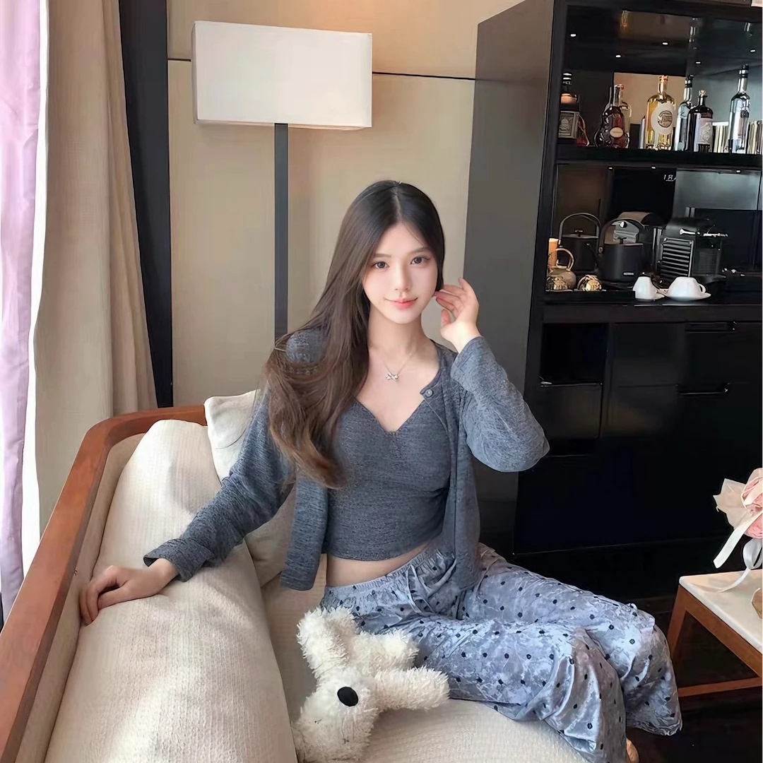彭裳裳【灰韵星波】时尚女士蕾丝居家感纯欲甜美性感睡衣宽松睡衣