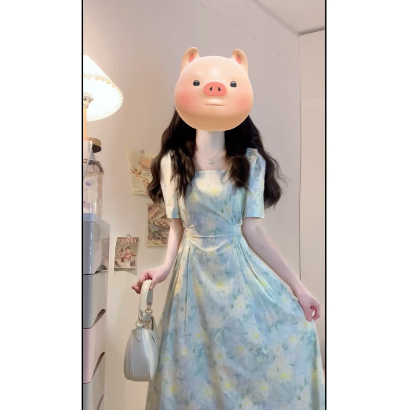 大码【仲夏之梦】法式油画风碎花连衣裙夏季方领收腰洋气温柔长裙子