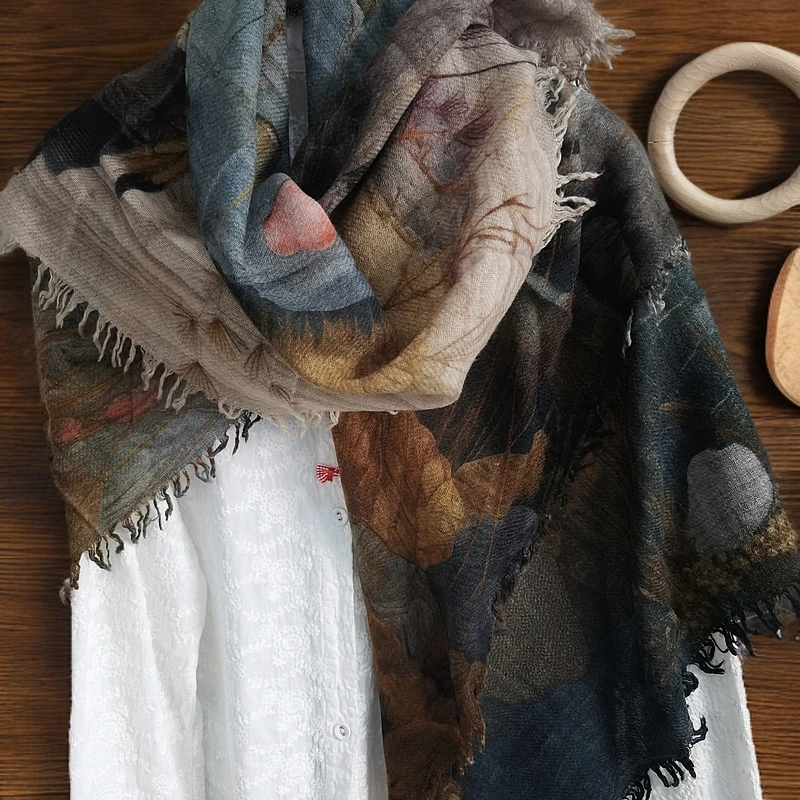 春季薄款羊毛数码印花池塘复古图案空调房护肩颈方巾国风文艺