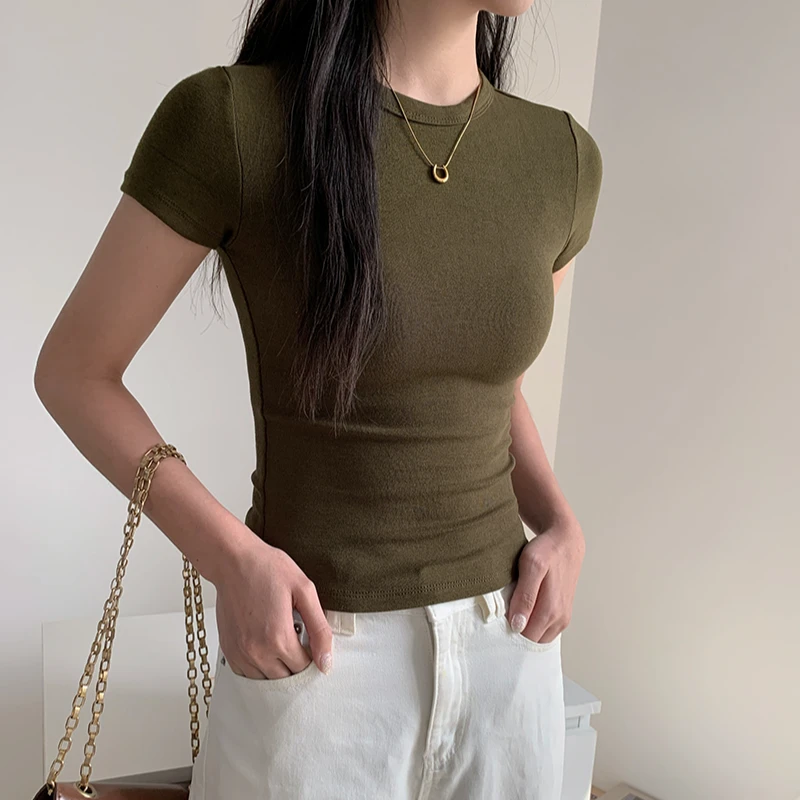 圆领正肩短袖T恤女2025春夏时尚紧身刺绣纯色气质显白气质上衣女