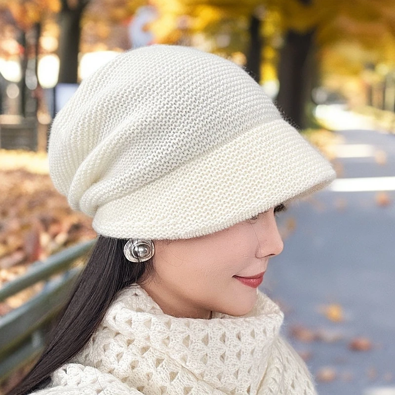 么斐秋冬女带帽檐堆堆帽子纯山羊绒针织帽显脸小冷帽毛线护耳百搭