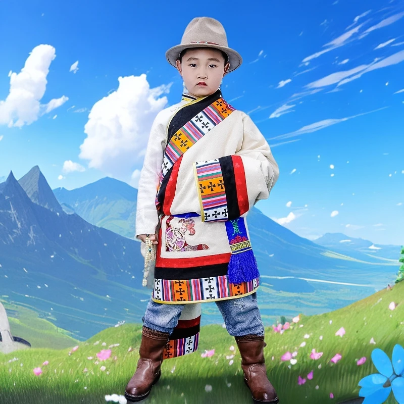 藏吧啦童装男孩复合皮格子里掏花藏袍儿童藏装藏袍带里衬藏装单件