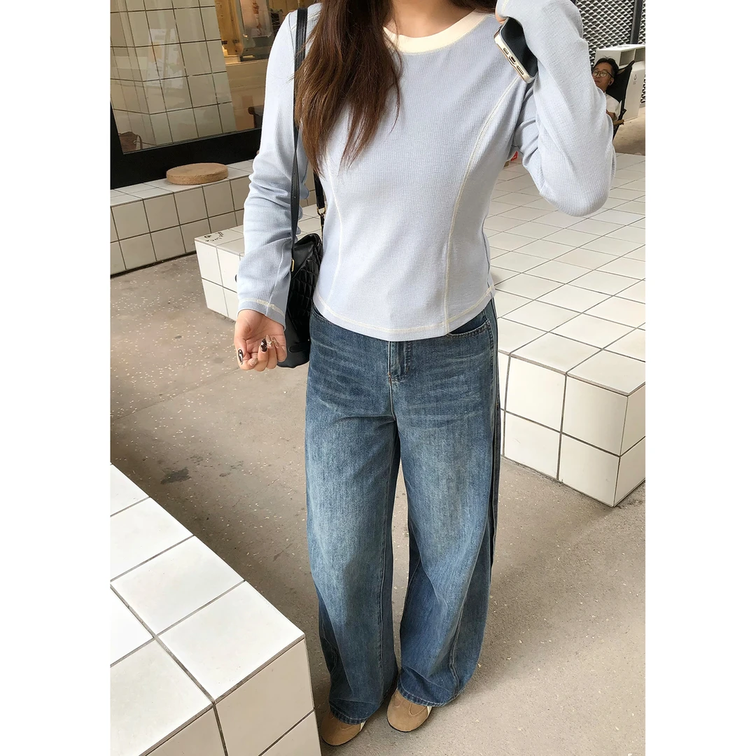 裂渡宣宣【百搭修容】微胖大码冬设计感修身针织T恤上衣ZY509R16