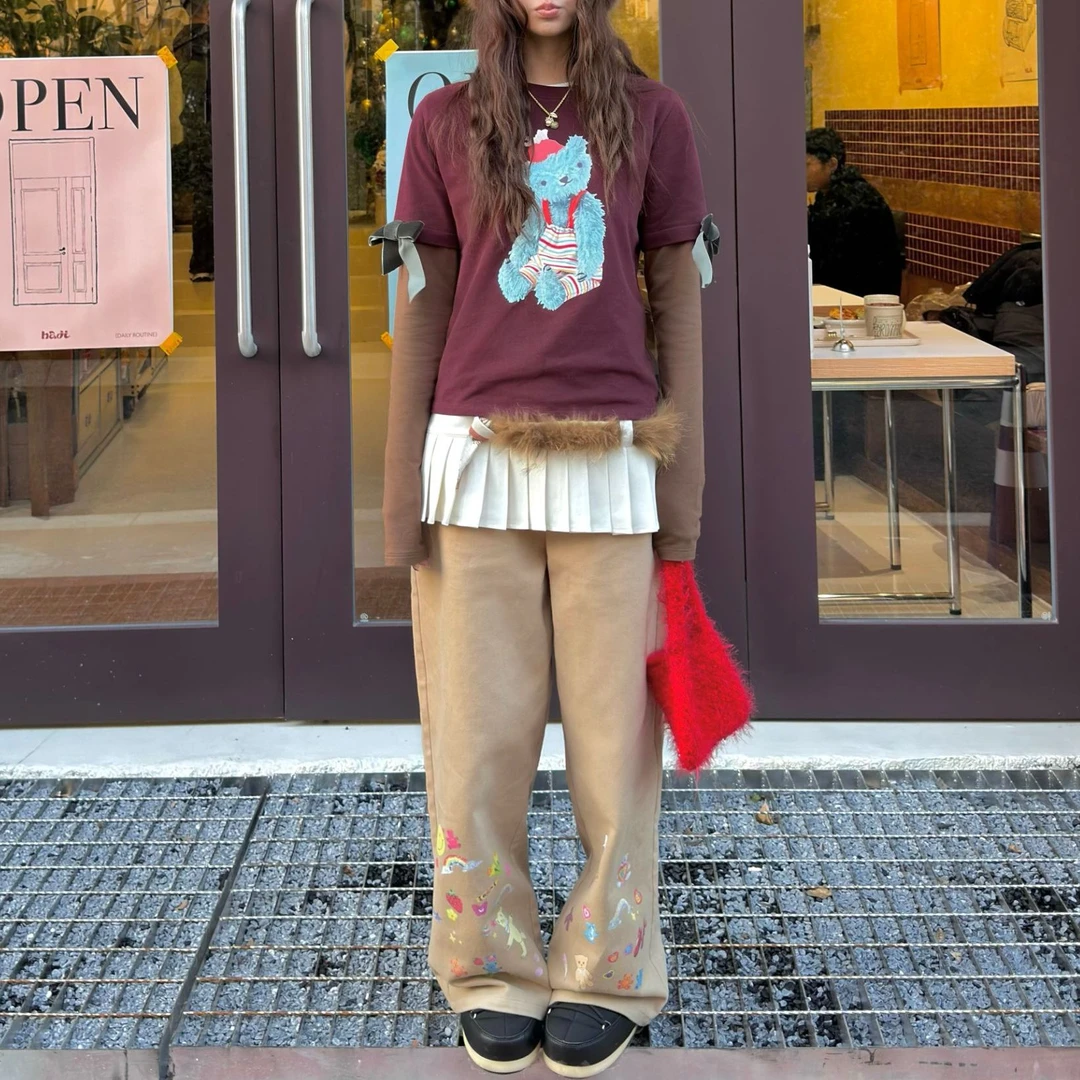 RK25SS【新年限定】小熊贴纸加厚长裤102