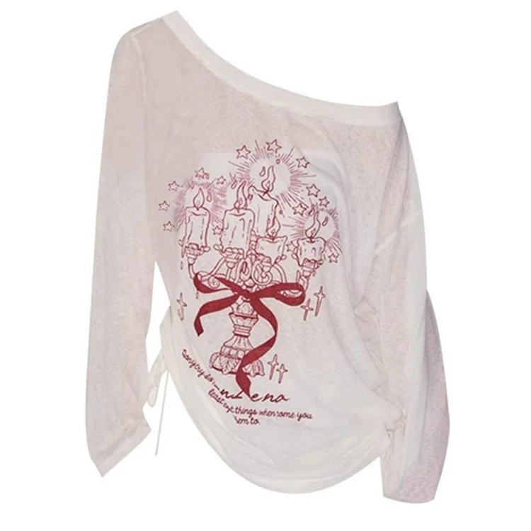 涂鸦印花斜肩T恤女长袖防晒罩衫夏季薄款宽松网纱打底衫上衣外穿