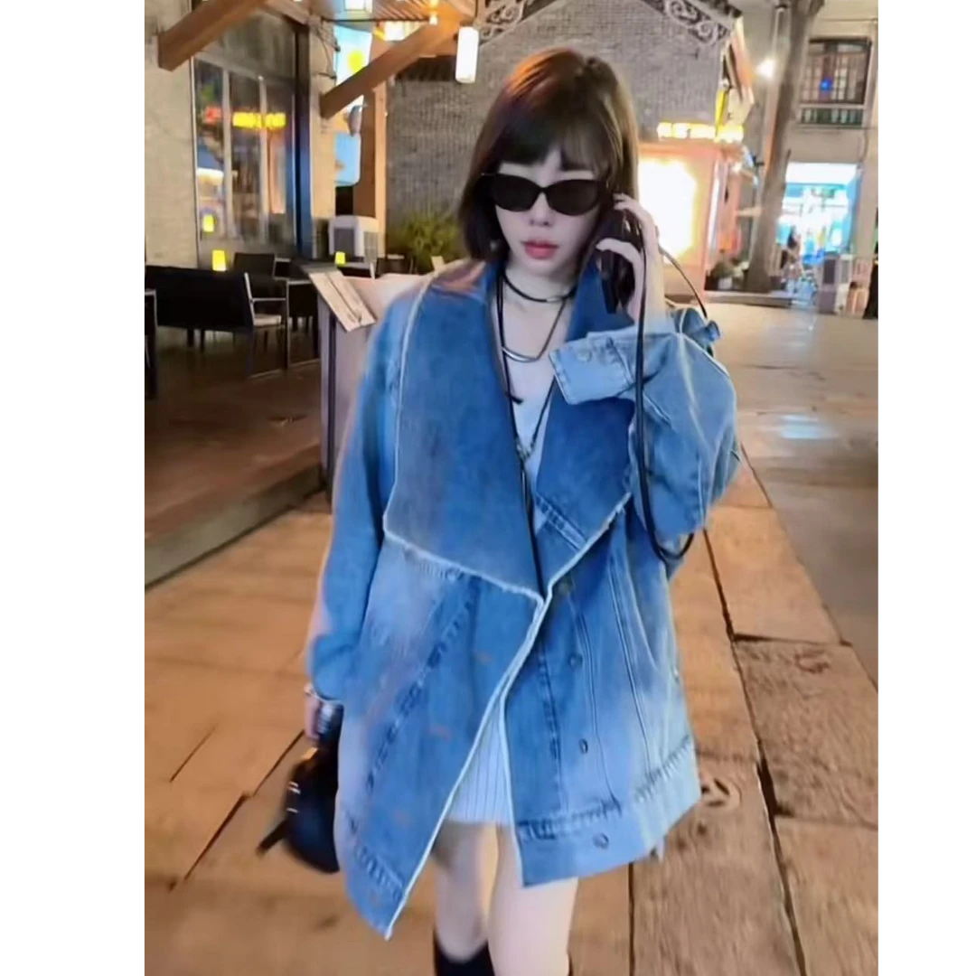 【木棉】韩版初秋宽松牛仔解构翻领廓形插肩袖女士外套A709