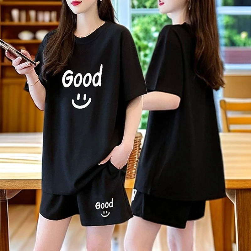胖mm大码显瘦纯棉休闲运动套装女夏季2025新款韩版短袖短裤两件套