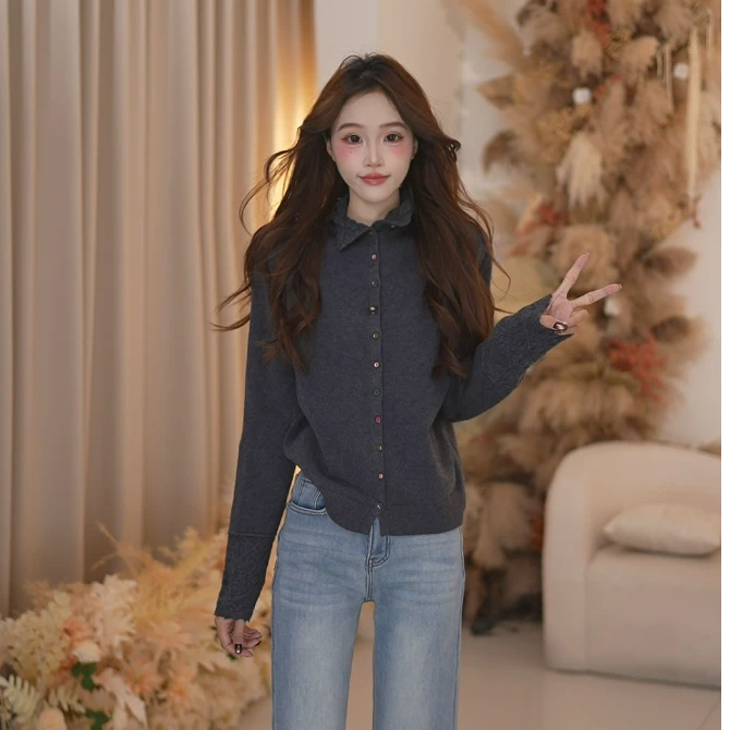 Basic House/百家好时尚休闲百搭宽松开衫修身毛衣B1385B5C7D2