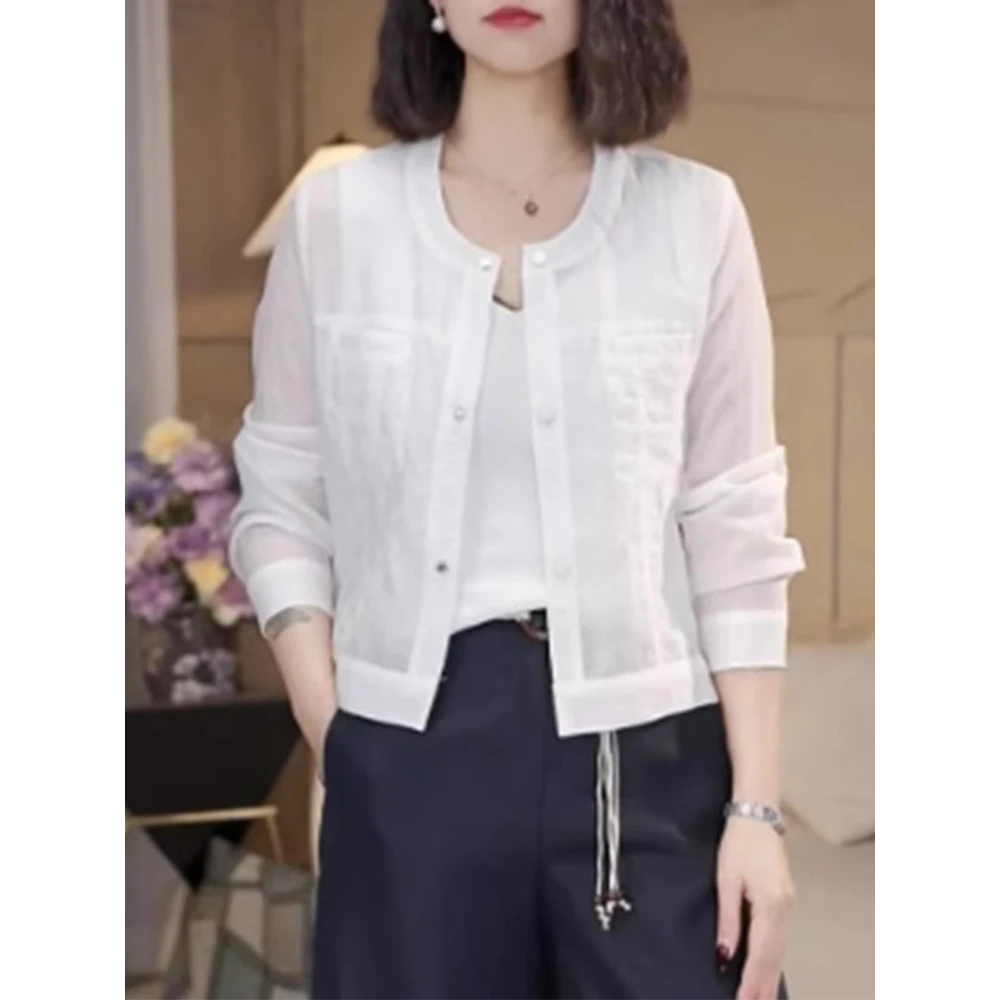 欧货2025春夏新款时尚气质宽松显瘦圆领上衣简约大码短款防晒衣女