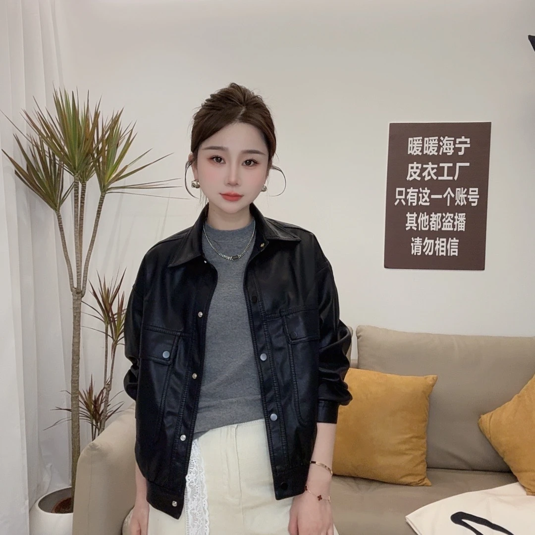 定制款超有型翻领皮衣女2025春季新款休闲皮衣外套女9655