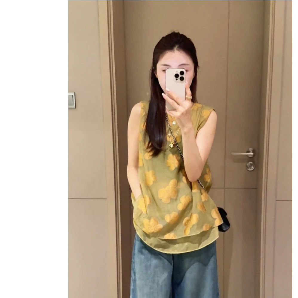 法式高级感网纱刺绣无袖衬衫女2025新款夏季宽松显瘦休闲洋气上衣