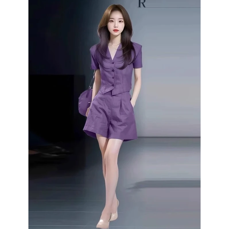 时尚套装女大方得体穿搭一整套气质减龄显瘦V领短袖短裤两件套潮
