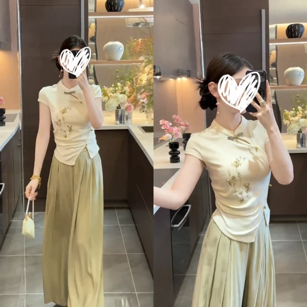 2025新款新中式刺绣设计款短袖上衣气质百搭阔腿高腰休闲裤两件套