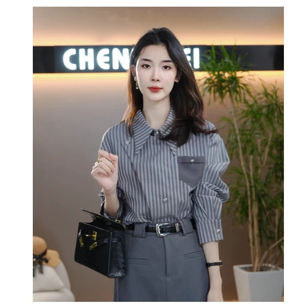 CYM1129灰色条纹衬衫女春款2024年新款女装衬衣上衣