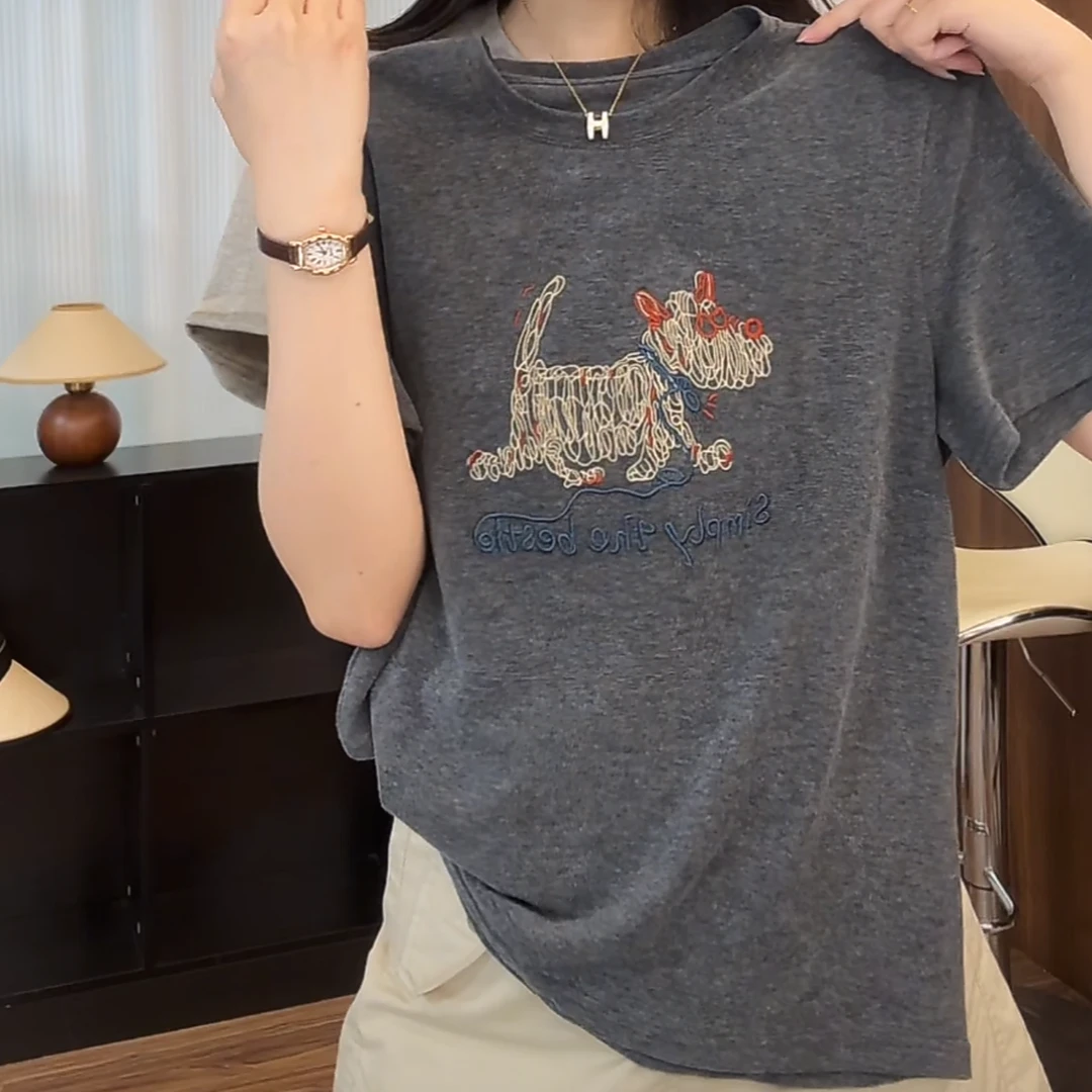 设计感线条小狗短袖T恤女春夏款2025新款韩版风正肩时尚百搭上衣