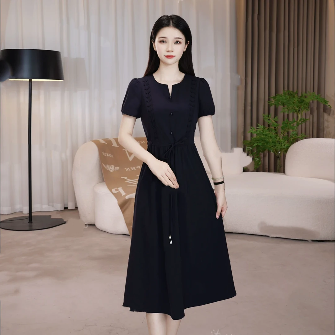 【连衣裙】2025夏季V领短袖赫本风连衣裙优雅时尚气质高腰显瘦