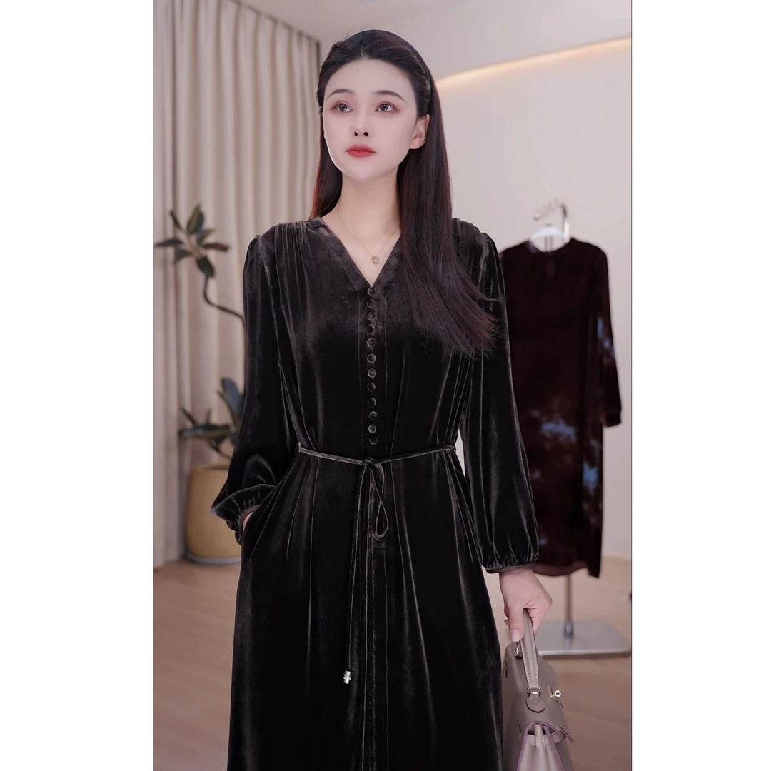 秋冬新款桑蚕丝真丝丝绒气质轻奢女装连衣裙82502107