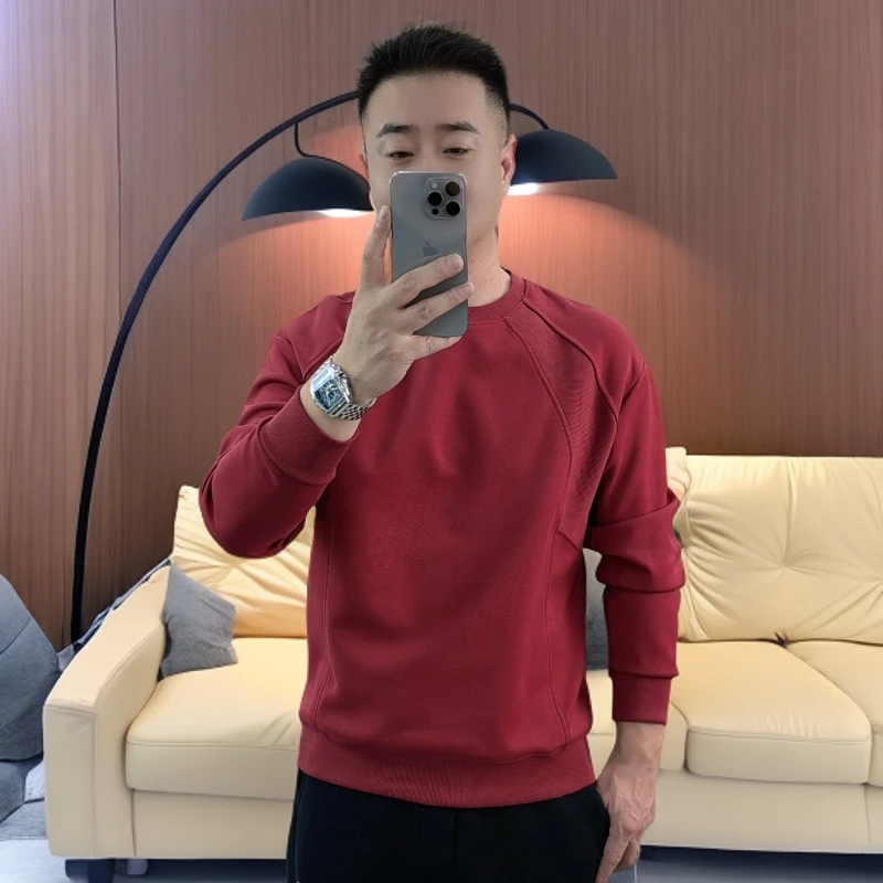 男士新品秋冬季长袖常规套头厚款拼接卫衣修身圆领秋季纯色潮流