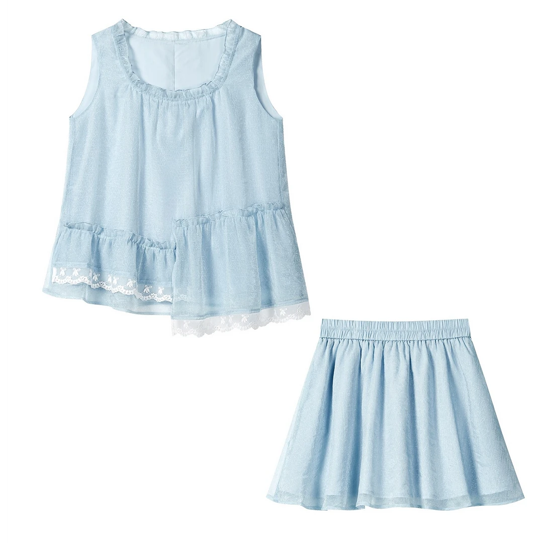 羊城故事-蓝色荷叶边背心半身裙套装蕾丝设计感两件套Y50650851