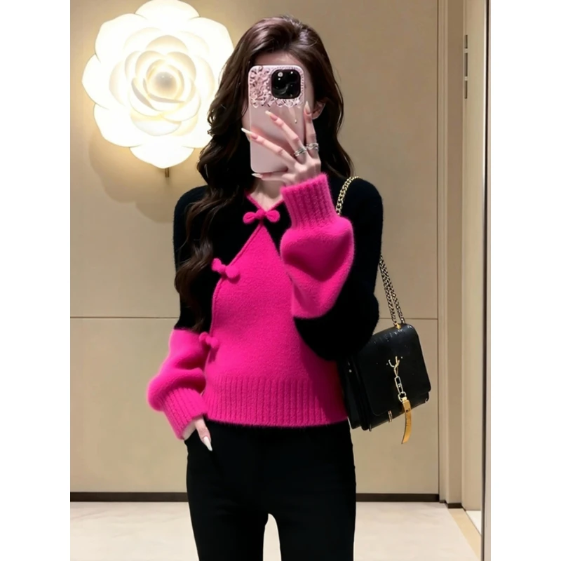 冬季慵懒高级感软糯设计感毛衣独特漂亮气质轻熟新中式撞色针织衫