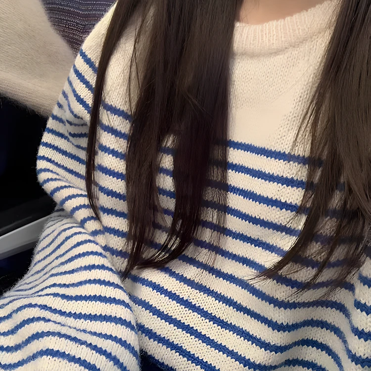 时尚气质蓝白条纹毛衣女小个子圆领套头宽松针织衫上衣143