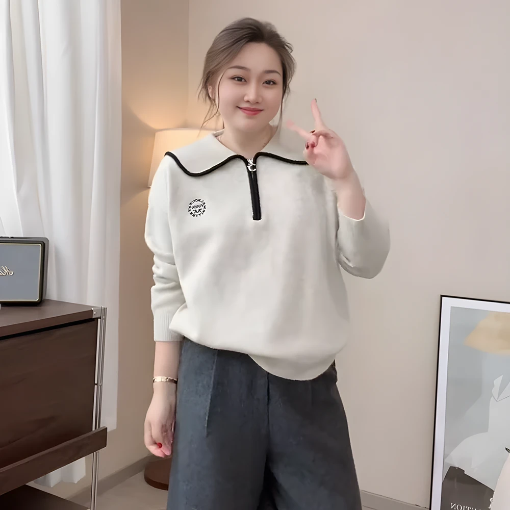 大码娃娃领半拉链卫衣减龄上衣女秋季款胖mm宽松遮肉显瘦针织毛衣